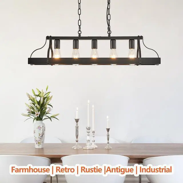 Alt view image 6 of 7 - 34-inch Black industrial Pendant Light with 5 E26 Bulb Sockets, Adjustable Chain Height Modern Farmhouse Linear Chandelier for Dining Room, Kitchen Island, Or Living Room (Bulb Not included)