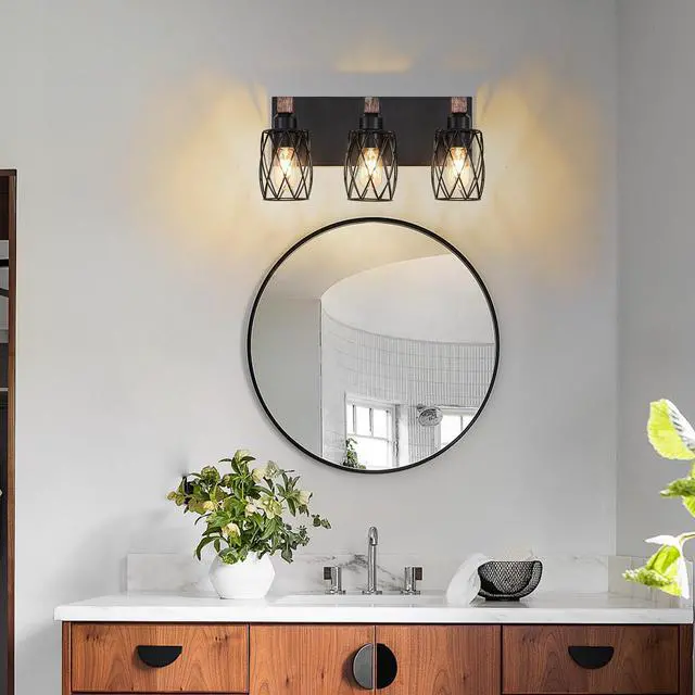 Main image of 18" industrial Vintage 3-Light Wall Sconce - Black Cage Wall Lighting Fixture with Wooden Accents for Bathroom, Hallway, Or Living Room (Bulb Not included)