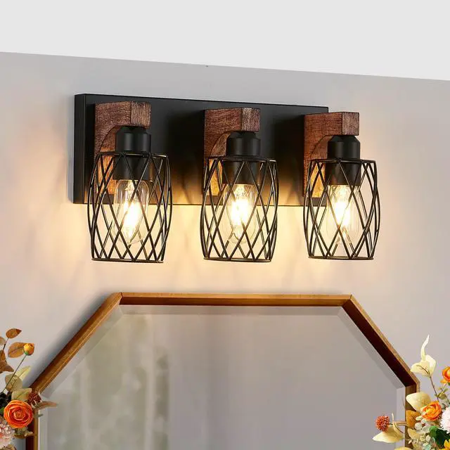 Alt view image 5 of 7 - 18" industrial Vintage 3-Light Wall Sconce - Black Cage Wall Lighting Fixture with Wooden Accents for Bathroom, Hallway, Or Living Room (Bulb Not included)