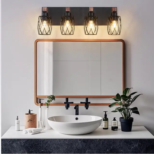 Alt view image 2 of 7 - 24" industrial Vintage 4-Light Wall Sconce - Black Cage Wall Lighting Fixture with Wooden Accents for Bathroom, Hallway, Or Living Room (Bulb Not included)