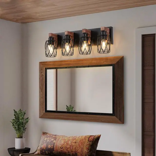 Alt view image 3 of 7 - 24" industrial Vintage 4-Light Wall Sconce - Black Cage Wall Lighting Fixture with Wooden Accents for Bathroom, Hallway, Or Living Room (Bulb Not included)