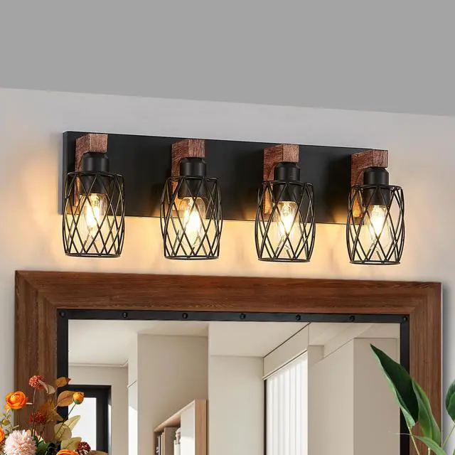 Alt view image 5 of 7 - 24" industrial Vintage 4-Light Wall Sconce - Black Cage Wall Lighting Fixture with Wooden Accents for Bathroom, Hallway, Or Living Room (Bulb Not included)