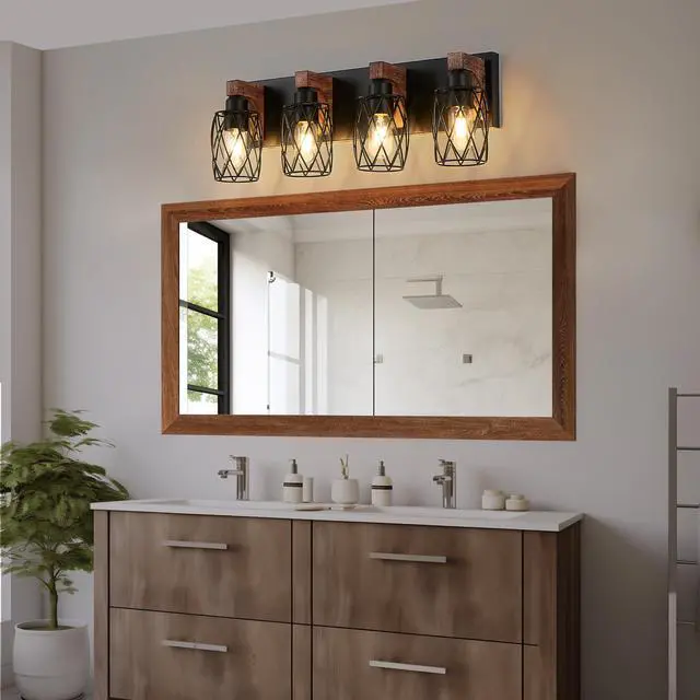 Alt view image 4 of 7 - 24" industrial Vintage 4-Light Wall Sconce - Black Cage Wall Lighting Fixture with Wooden Accents for Bathroom, Hallway, Or Living Room (Bulb Not included)