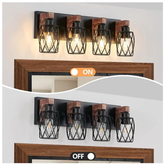 Alt view image 6 of 7 - 24" industrial Vintage 4-Light Wall Sconce - Black Cage Wall Lighting Fixture with Wooden Accents for Bathroom, Hallway, Or Living Room (Bulb Not included)