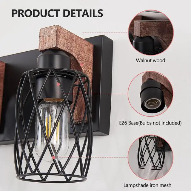Alt view image 7 of 7 - 24" industrial Vintage 4-Light Wall Sconce - Black Cage Wall Lighting Fixture with Wooden Accents for Bathroom, Hallway, Or Living Room (Bulb Not included)