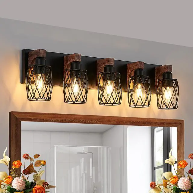 Alt view image 4 of 7 - 31" industrial Vintage 5-Light Wall Sconce - Black Cage Wall Lighting Fixture with Wooden Accents for Bathroom, Hallway, Or Living Room (Bulb Not included)