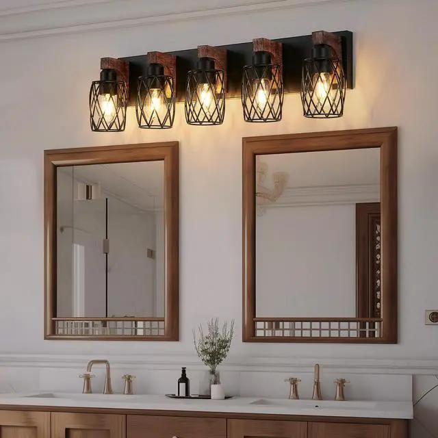 Alt view image 3 of 7 - 31" industrial Vintage 5-Light Wall Sconce - Black Cage Wall Lighting Fixture with Wooden Accents for Bathroom, Hallway, Or Living Room (Bulb Not included)