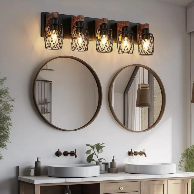 Alt view image 2 of 7 - 31" industrial Vintage 5-Light Wall Sconce - Black Cage Wall Lighting Fixture with Wooden Accents for Bathroom, Hallway, Or Living Room (Bulb Not included)