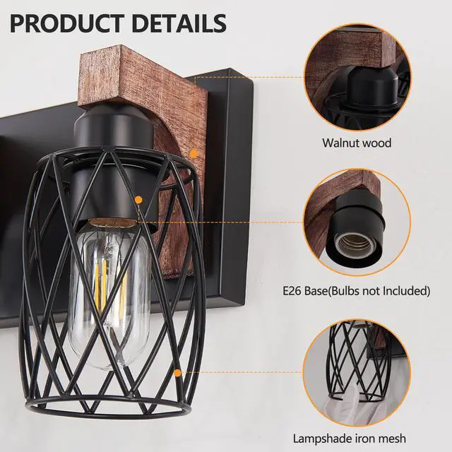 Alt view image 6 of 7 - 31" industrial Vintage 5-Light Wall Sconce - Black Cage Wall Lighting Fixture with Wooden Accents for Bathroom, Hallway, Or Living Room (Bulb Not included)
