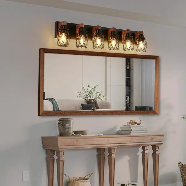 Main image of 38" industrial Vintage 6-Light Wall Sconce - Black Cage Wall Lighting Fixture with Wooden Accents for Bathroom, Hallway, Or Living Room (Bulb Not included)