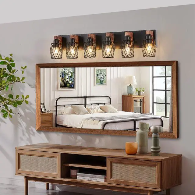 Alt view image 2 of 7 - 38" industrial Vintage 6-Light Wall Sconce - Black Cage Wall Lighting Fixture with Wooden Accents for Bathroom, Hallway, Or Living Room (Bulb Not included)