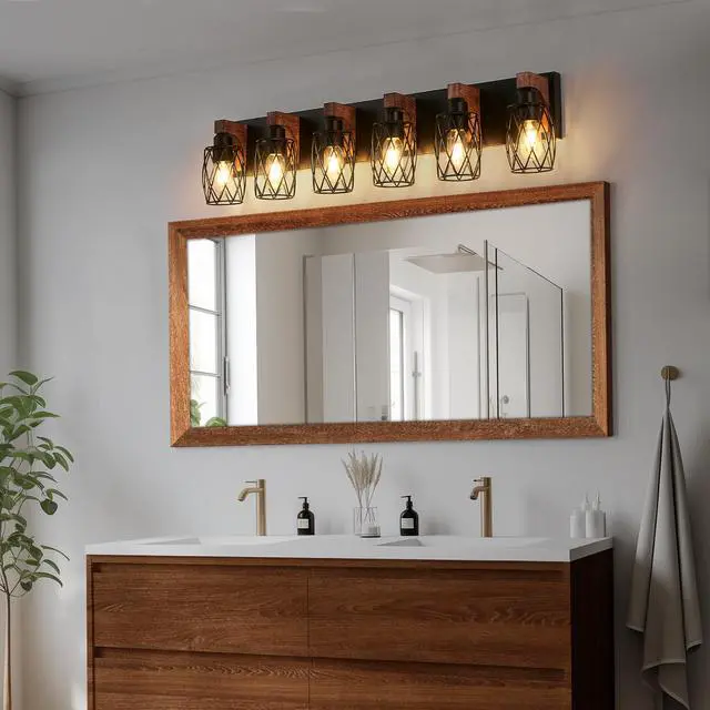 Alt view image 3 of 7 - 38" industrial Vintage 6-Light Wall Sconce - Black Cage Wall Lighting Fixture with Wooden Accents for Bathroom, Hallway, Or Living Room (Bulb Not included)