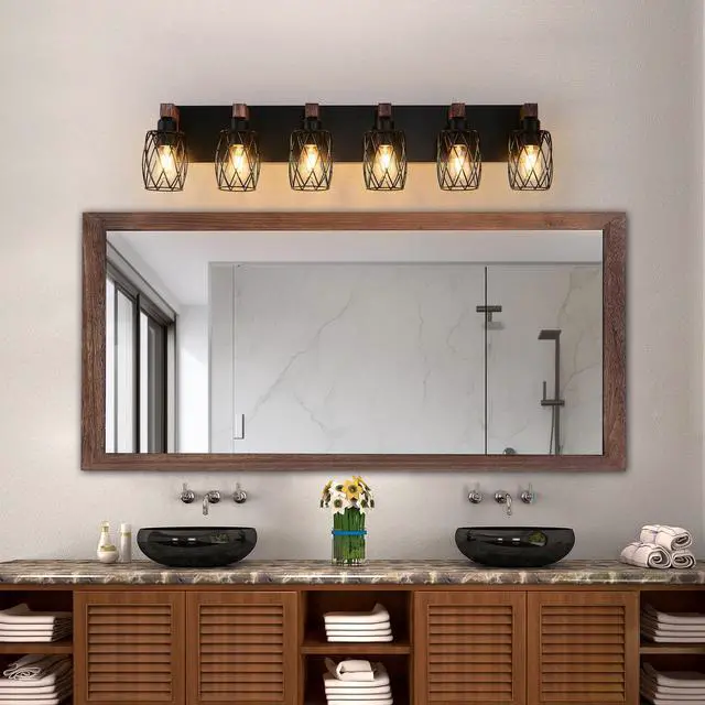 Alt view image 4 of 7 - 38" industrial Vintage 6-Light Wall Sconce - Black Cage Wall Lighting Fixture with Wooden Accents for Bathroom, Hallway, Or Living Room (Bulb Not included)