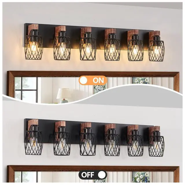 Alt view image 6 of 7 - 38" industrial Vintage 6-Light Wall Sconce - Black Cage Wall Lighting Fixture with Wooden Accents for Bathroom, Hallway, Or Living Room (Bulb Not included)