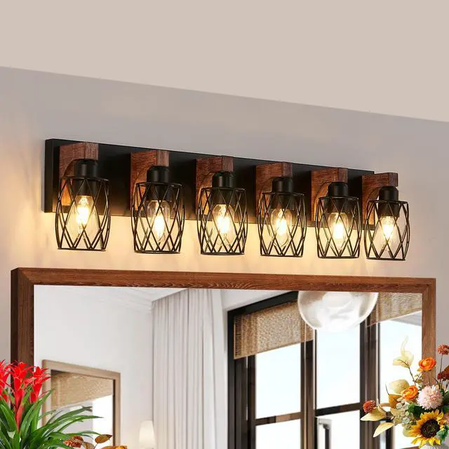 Alt view image 5 of 7 - 38" industrial Vintage 6-Light Wall Sconce - Black Cage Wall Lighting Fixture with Wooden Accents for Bathroom, Hallway, Or Living Room (Bulb Not included)
