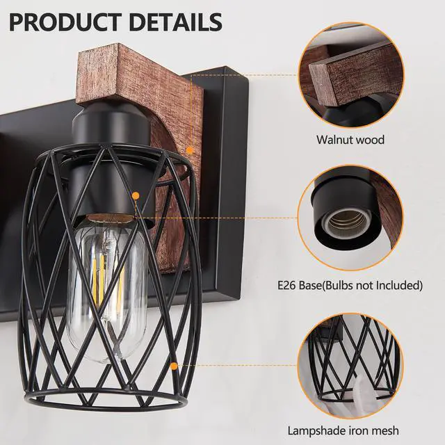 Alt view image 7 of 7 - 38" industrial Vintage 6-Light Wall Sconce - Black Cage Wall Lighting Fixture with Wooden Accents for Bathroom, Hallway, Or Living Room (Bulb Not included)