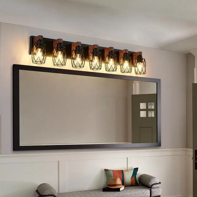 Main image of industrial Vintage 7-Light Wall Sconce - Black Cage Wall Lighting Fixture with Wooden Accents for Bathroom, Hallway, Or Living Room (Bulb Not included)