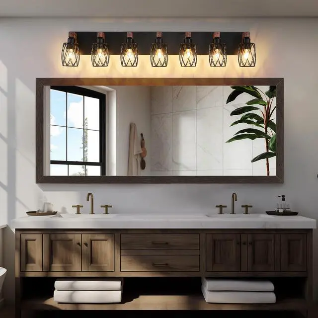 Alt view image 5 of 7 - industrial Vintage 7-Light Wall Sconce - Black Cage Wall Lighting Fixture with Wooden Accents for Bathroom, Hallway, Or Living Room (Bulb Not included)