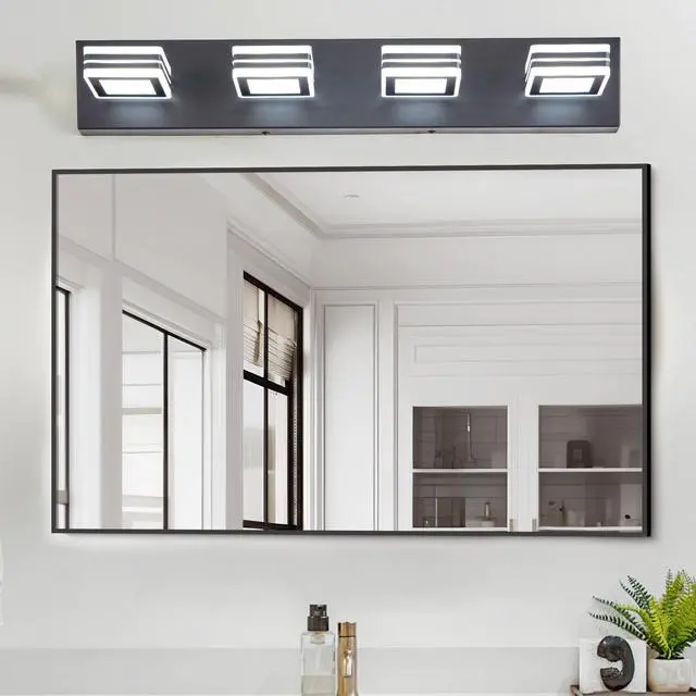 Alt view image 2 of 7 - 26" Modern Black 4-Light Led Vanity Light, Square Acrylic Lampshades Wall Mount Fixture for Bathroom, Mirror Lighting