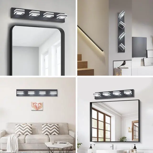 Alt view image 4 of 7 - 26" Modern Black 4-Light Led Vanity Light, Square Acrylic Lampshades Wall Mount Fixture for Bathroom, Mirror Lighting