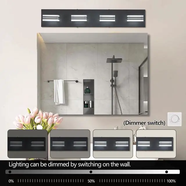 Alt view image 5 of 7 - 26" Modern Black 4-Light Led Vanity Light, Square Acrylic Lampshades Wall Mount Fixture for Bathroom, Mirror Lighting