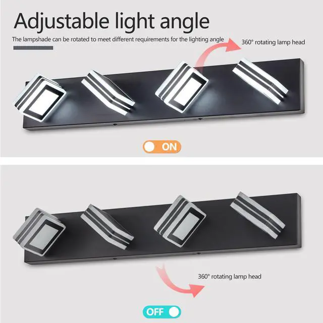 Alt view image 7 of 7 - 26" Modern Black 4-Light Led Vanity Light, Square Acrylic Lampshades Wall Mount Fixture for Bathroom, Mirror Lighting
