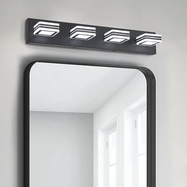 Alt view image 3 of 7 - 26" Modern Black 4-Light Led Vanity Light, Square Acrylic Lampshades Wall Mount Fixture for Bathroom, Mirror Lighting