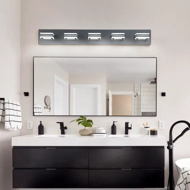 Main image of 32" Modern Black 5-Light Led Vanity Light, Square Acrylic Lampshades Wall Mount Fixture for Bathroom, Mirror Lighting