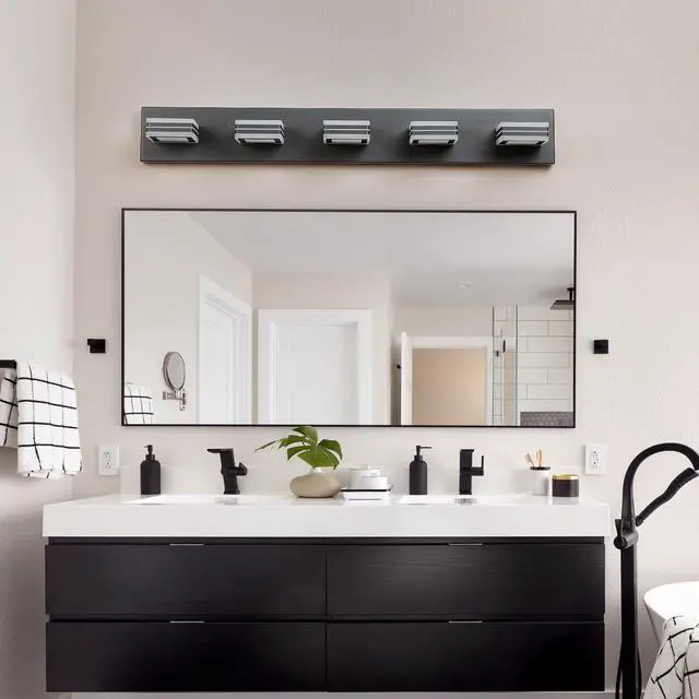 Alt view image 2 of 7 - 32" Modern Black 5-Light Led Vanity Light, Square Acrylic Lampshades Wall Mount Fixture for Bathroom, Mirror Lighting