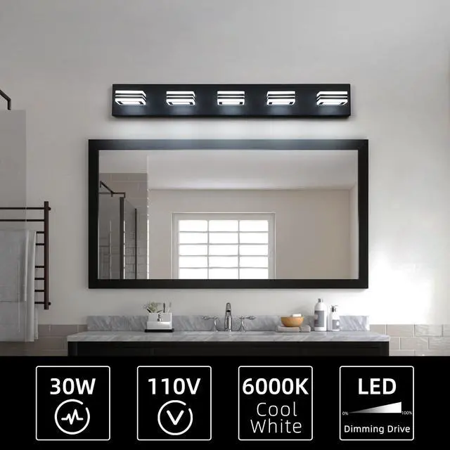 Alt view image 5 of 7 - 32" Modern Black 5-Light Led Vanity Light, Square Acrylic Lampshades Wall Mount Fixture for Bathroom, Mirror Lighting