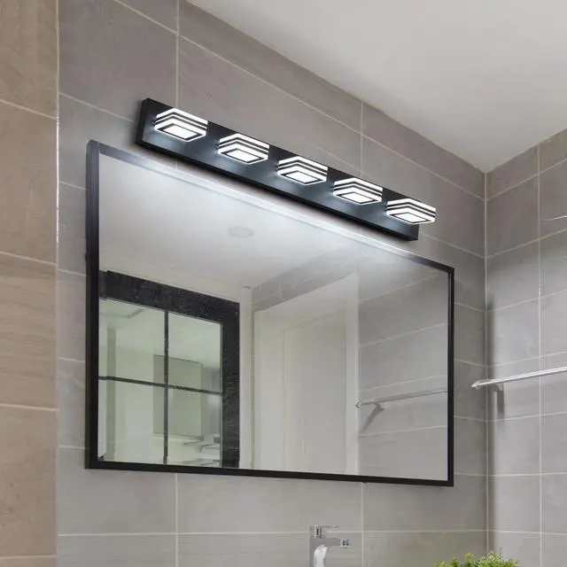 Alt view image 3 of 7 - 32" Modern Black 5-Light Led Vanity Light, Square Acrylic Lampshades Wall Mount Fixture for Bathroom, Mirror Lighting