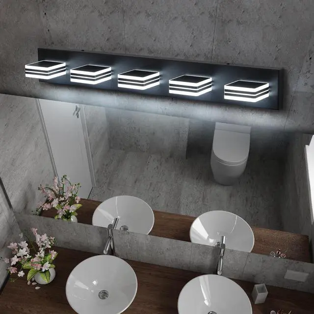 Alt view image 6 of 7 - 32" Modern Black 5-Light Led Vanity Light, Square Acrylic Lampshades Wall Mount Fixture for Bathroom, Mirror Lighting
