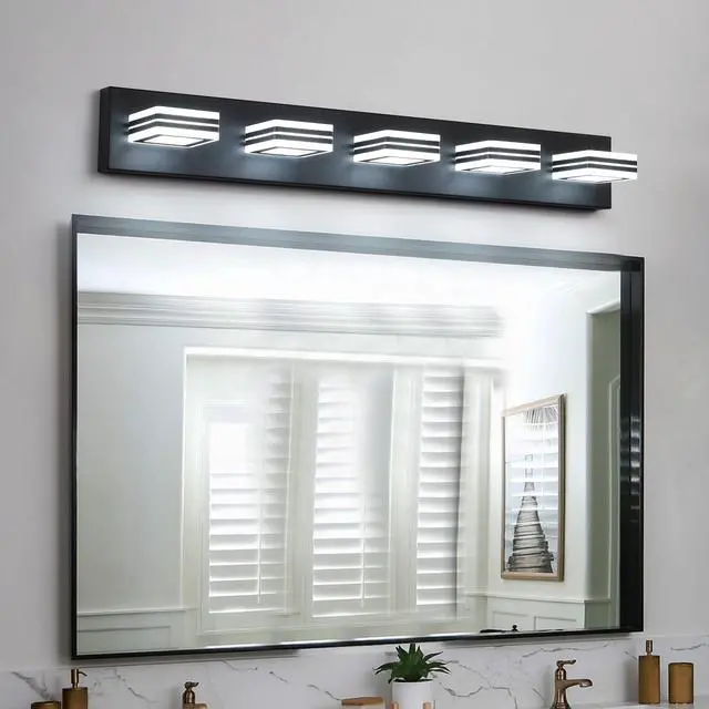 Alt view image 7 of 7 - 32" Modern Black 5-Light Led Vanity Light, Square Acrylic Lampshades Wall Mount Fixture for Bathroom, Mirror Lighting