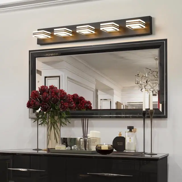 Alt view image 3 of 7 - 34" Modern 5-Light Led Vanity Light - Sleek Bathroom Wall Fixture, Iron & Acrylic, Dimmable & Energy-Efficient, Ideal for Mirror Lighting