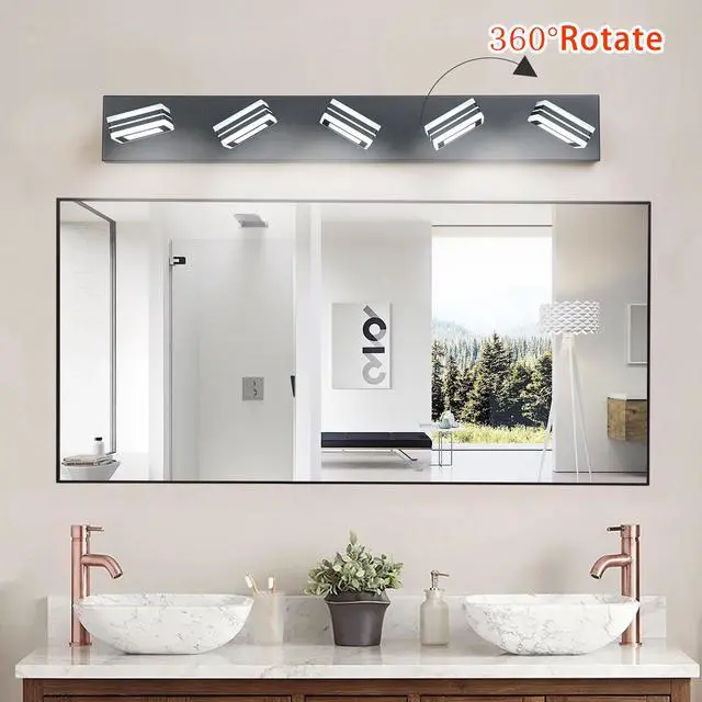 Alt view image 4 of 7 - 32" Modern Black 5-Light Led Vanity Light, Square Acrylic Lampshades Wall Mount Fixture for Bathroom, Mirror Lighting
