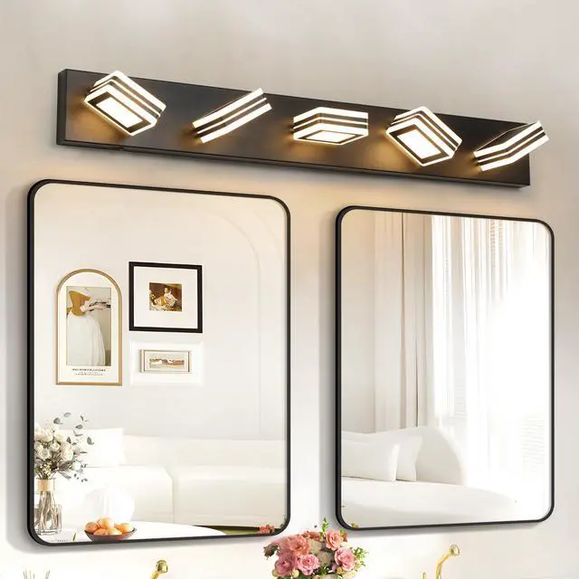 Alt view image 2 of 7 - 34" Modern 5-Light Led Vanity Light - Sleek Bathroom Wall Fixture, Iron & Acrylic, Dimmable & Energy-Efficient, Ideal for Mirror Lighting