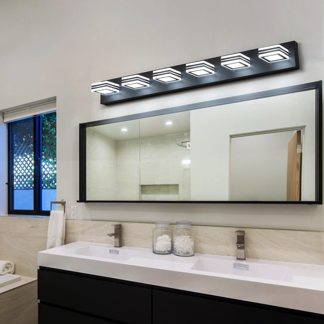Alt view image 3 of 7 - 39" Modern Black 6-Light Led Vanity Light, Square Acrylic Lampshades Wall Mount Fixture for Bathroom, Mirror Lighting
