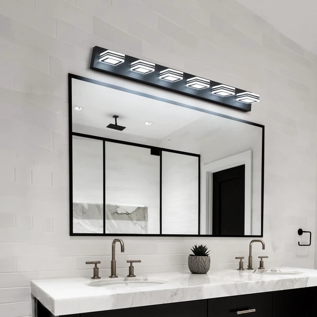 Main image of 39" Modern Black 6-Light Led Vanity Light, Square Acrylic Lampshades Wall Mount Fixture for Bathroom, Mirror Lighting