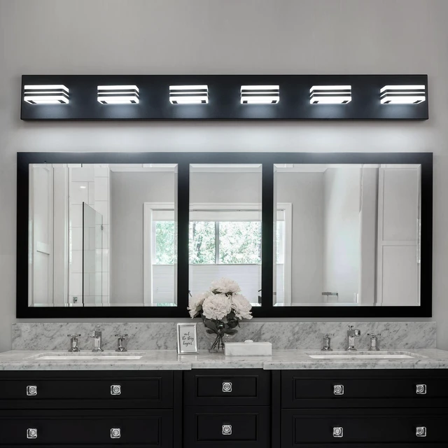 Alt view image 2 of 7 - 39" Modern Black 6-Light Led Vanity Light, Square Acrylic Lampshades Wall Mount Fixture for Bathroom, Mirror Lighting