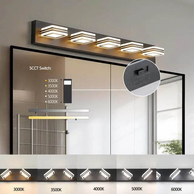 Alt view image 6 of 7 - 34" Modern 5-Light Led Vanity Light - Sleek Bathroom Wall Fixture, Iron & Acrylic, Dimmable & Energy-Efficient, Ideal for Mirror Lighting