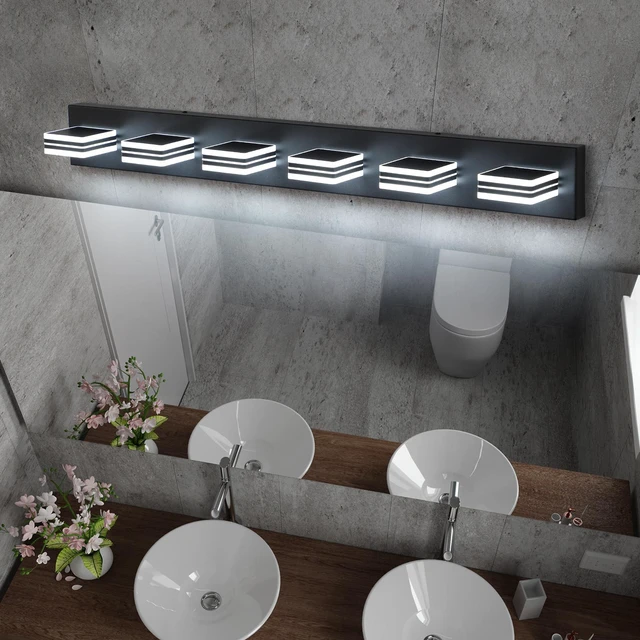 Alt view image 5 of 7 - 39" Modern Black 6-Light Led Vanity Light, Square Acrylic Lampshades Wall Mount Fixture for Bathroom, Mirror Lighting
