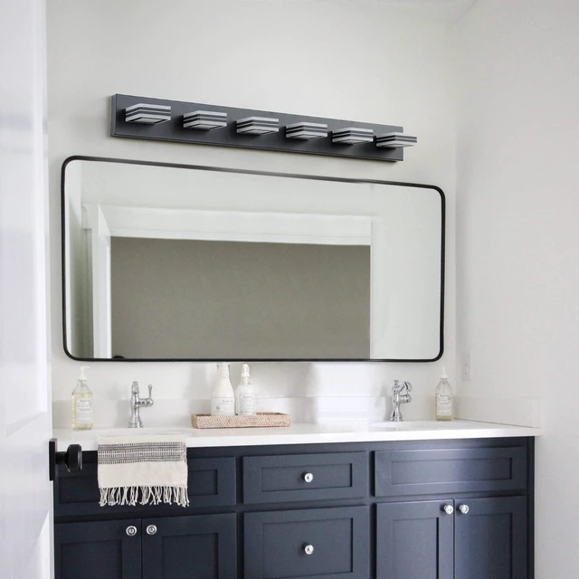 Alt view image 4 of 7 - 39" Modern Black 6-Light Led Vanity Light, Square Acrylic Lampshades Wall Mount Fixture for Bathroom, Mirror Lighting