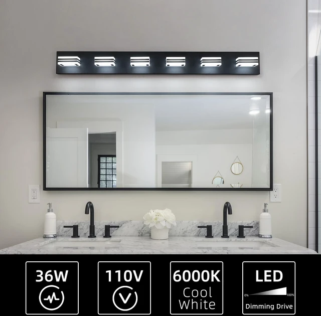 Alt view image 7 of 7 - 39" Modern Black 6-Light Led Vanity Light, Square Acrylic Lampshades Wall Mount Fixture for Bathroom, Mirror Lighting