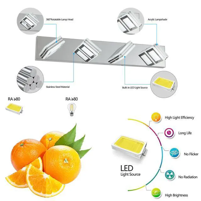 Alt view image 6 of 7 - 26" Modern Chrome 4-Light Led Vanity Light, Square Acrylic Lampshades Wall Mount Fixture for Bathroom, Mirror Lighting
