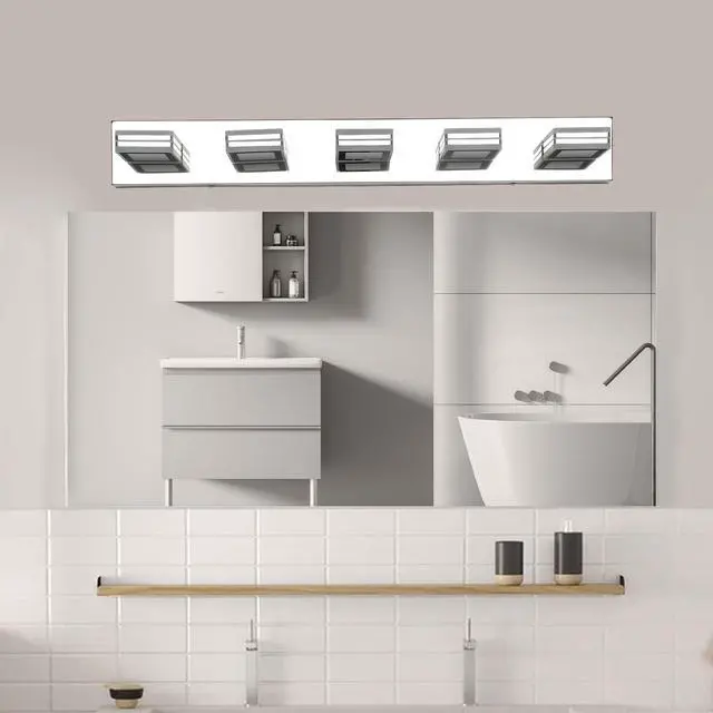 Main image of 32" Modern Chrome 5-Light Led Vanity Light, Square Acrylic Lampshades Wall Mount Fixture for Bathroom, Mirror Lighting