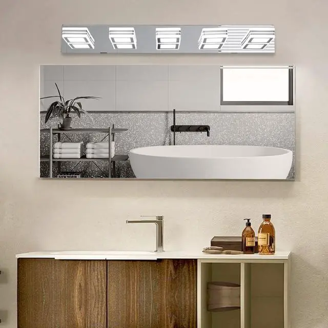 Alt view image 2 of 7 - 32" Modern Chrome 5-Light Led Vanity Light, Square Acrylic Lampshades Wall Mount Fixture for Bathroom, Mirror Lighting
