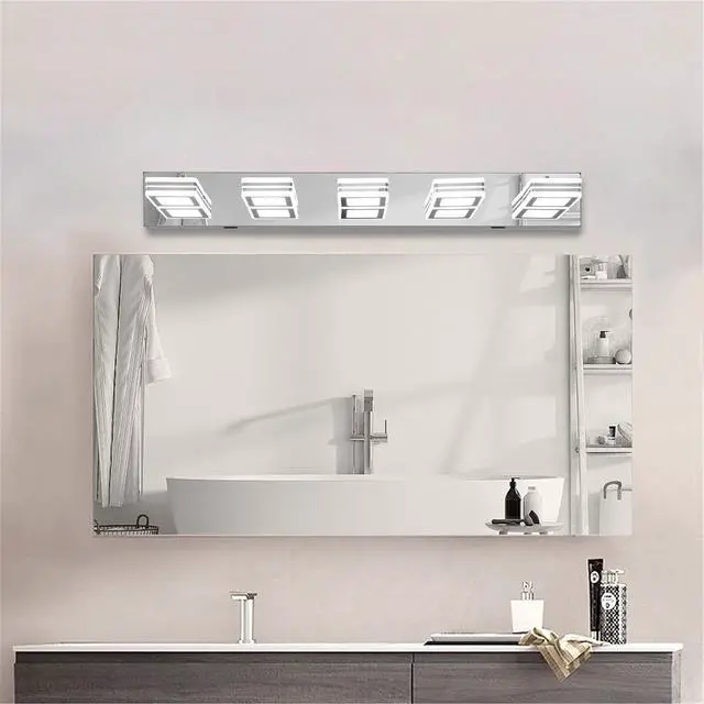 Alt view image 3 of 7 - 32" Modern Chrome 5-Light Led Vanity Light, Square Acrylic Lampshades Wall Mount Fixture for Bathroom, Mirror Lighting