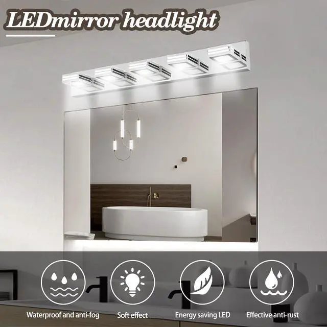 Alt view image 5 of 7 - 32" Modern Chrome 5-Light Led Vanity Light, Square Acrylic Lampshades Wall Mount Fixture for Bathroom, Mirror Lighting