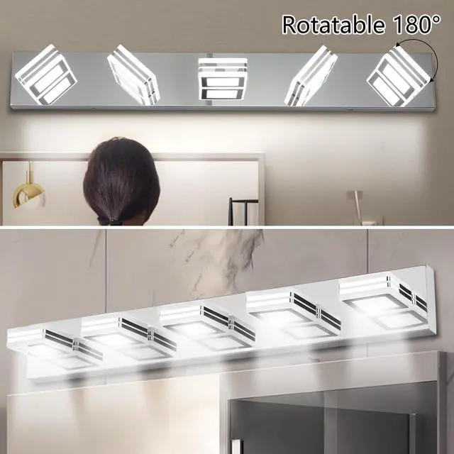 Alt view image 6 of 7 - 32" Modern Chrome 5-Light Led Vanity Light, Square Acrylic Lampshades Wall Mount Fixture for Bathroom, Mirror Lighting