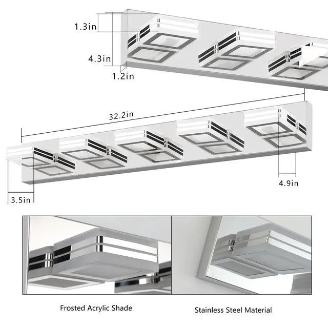 Alt view image 7 of 7 - 32" Modern Chrome 5-Light Led Vanity Light, Square Acrylic Lampshades Wall Mount Fixture for Bathroom, Mirror Lighting